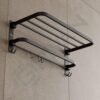 GRIVAN Premium Stainless Steel 24 Inch Foldable Towel Rack/Shelf/Stand for Bathroom, Towel Holder with Hooks and Hanger (Black Matte, Pack of 1)
