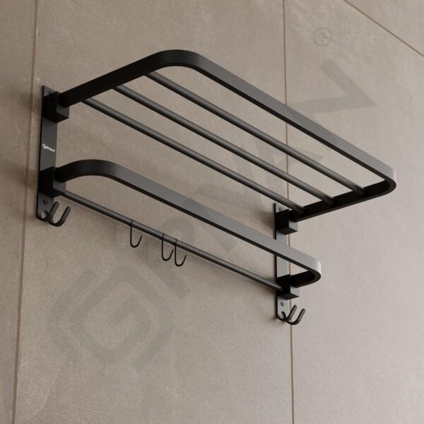 GRIVAN Premium Stainless Steel 24 Inch Foldable Towel Rack/Shelf/Stand for Bathroom, Towel Holder with Hooks and Hanger (Black Matte, Pack of 1)