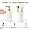 LAGET® Soap Dispenser with Toothbrush Holder Set – Marble Finish Plastic Bathroom Accessories | Liquid Soap Pump with Tumbler Cup | Gold Pump Countertop Organizer (2 Pieces) (White)