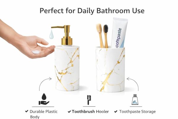 LAGET® Soap Dispenser with Toothbrush Holder Set – Marble Finish Plastic Bathroom Accessories | Liquid Soap Pump with Tumbler Cup | Gold Pump Countertop Organizer (2 Pieces) (White)