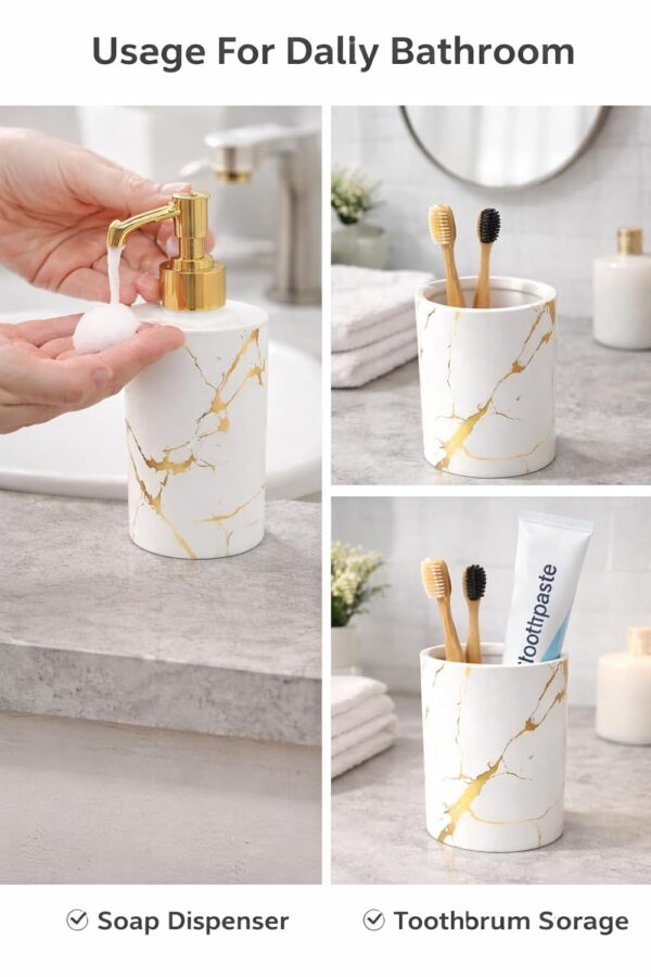 LAGET® Soap Dispenser with Toothbrush Holder Set – Marble Finish Plastic Bathroom Accessories | Liquid Soap Pump with Tumbler Cup | Gold Pump Countertop Organizer (2 Pieces) (White)