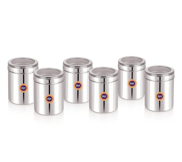 SUVI 1 kg Stainless Steel Kitchen Containers with See Through Lid (1250ml - 6pcs) | Ubha Dabba Multipurpose Storage | Steel Storage Containers for kitchen Food Grains Capacity - 1kg Approx (Pack of 6)