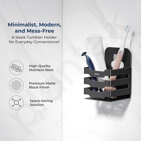 Plantex Self Adhesive Tumbler Holder for Barthroom/Stainless Steel Toothbrush Holder/Toothpaste Stand/Bathroom Accessories - Pack of 1 (1252, Black)