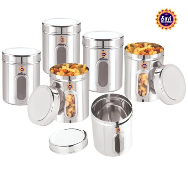 1773914393_Suvi-1kg-Set-of-6pcs-Stainless-Steel-Kitchen-Containers-with-See-Through-Window-Food-Storage-Dabba-Steel-Containers-Set-Silver-Mirror-Finish-Food-Grains-Capacity-1kg-Approx-1250ml-6pcs.jpg Suvi 1kg Set of 6pcs Stainless Steel Kitchen Containers with See Through Window | Food Storage Dabba | Steel Containers Set | Silver Mirror Finish | Food Grains Capacity - 1kg Approx (1250ml-6pcs)