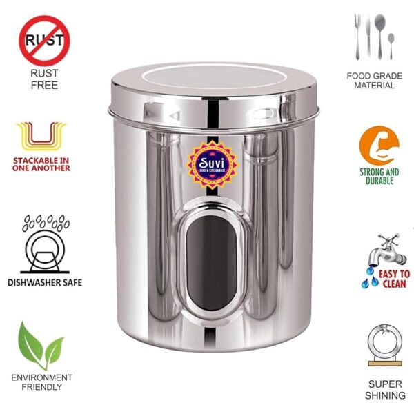 1773914395_Suvi-1kg-Set-of-6pcs-Stainless-Steel-Kitchen-Containers-with-See-Through-Window-Food-Storage-Dabba-Steel-Containers-Set-Silver-Mirror-Finish-Food-Grains-Capacity-1kg-Approx-1250ml-6pcs.jpg Suvi 1kg Set of 6pcs Stainless Steel Kitchen Containers with See Through Window | Food Storage Dabba | Steel Containers Set | Silver Mirror Finish | Food Grains Capacity - 1kg Approx (1250ml-6pcs)