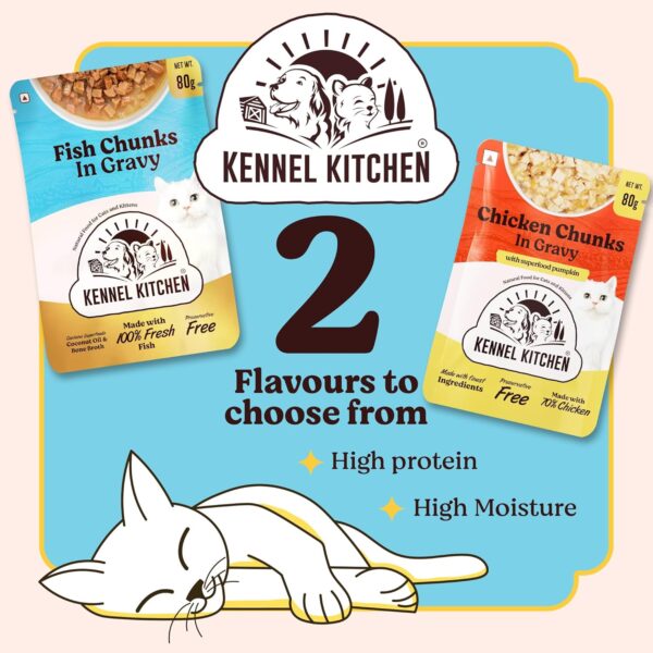 Kennel Kitchen Wet Cat Food for Adults and Kittens, Fish Chunks in Gravy, 12 Pouches (12 X 80 GMS)