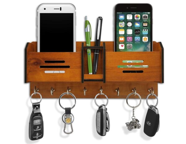 Wooden Key Holder for Wall with Mobile Stand & 8 Hooks | MDF Wall Mounted Key Rack Organizer with Shelf for Home Entrance & Office