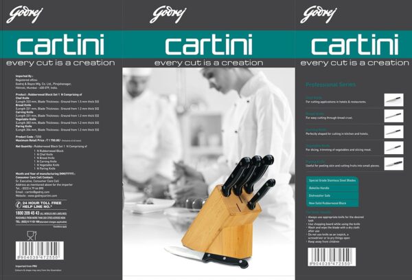 Cartini Godrej 5 Pcs Knife Set with Rubber Wood Knife Holder Set (Chef Knife +Bread Knife + Carving Knife + Vegetable Knife + Paring Knife),Rubberwood,Brown