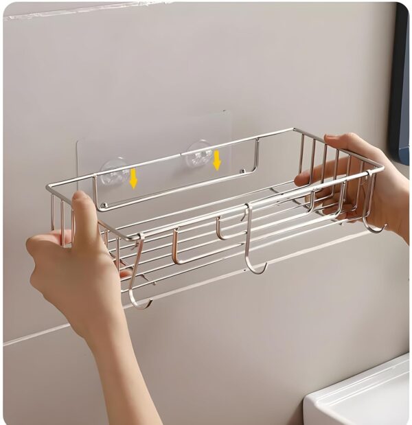 JIALTO Stainless Steel Self-Adhesive Bathroom Organiser with Towel Holder for Bathroom Accessories – No Drill, Wall Mount Bathroom Shelf for Wall (26L X 12W X 6H CM, Pack of 1)