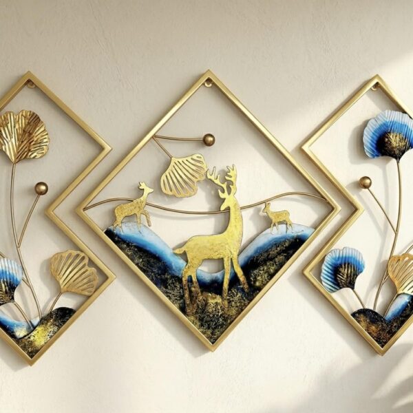 Brovion Art Metal Wall Decor for Living Room – Gold Deer & Leaf Wall Hanging Decoration | Modern Home Decor Items | Large Wall Art for Bedroom, Hall, Office | Powder Coated