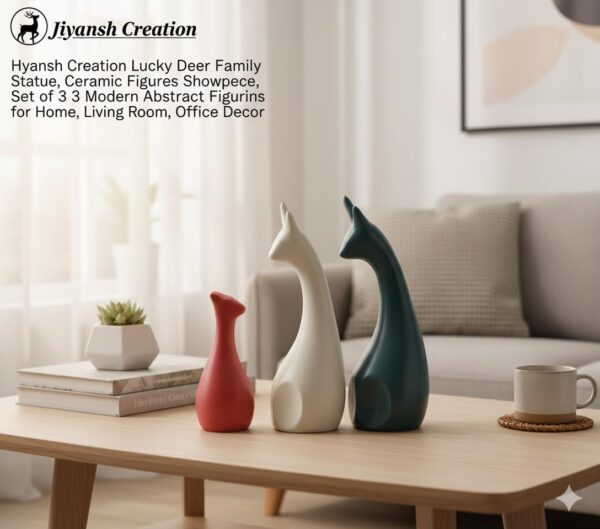 Jiyansh Creation Lucky Deer Family Ceramic Figurines, Set of 3, Modern Abstract Showpiece for Home, Living Room, Office Decor