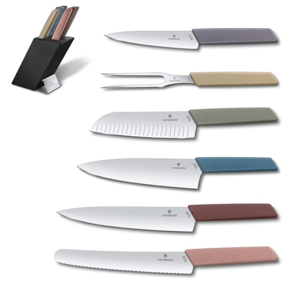 Victorinox Swiss Modern Kitchen Knife Set - 6 Pc Stainless Steel Knives with Storage Block, Multi-Color, Swiss Made