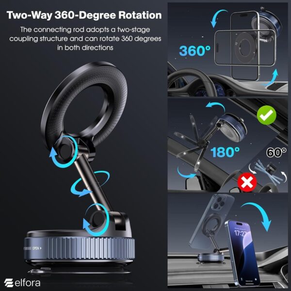 Elfora Vacuum Magnetic Dashboard Phone Holder | 360° Adjustable & Foldable Hands-Free Suction Mount for Car/Gym/Mirror | Strong MagSafe Compatible with iPhone Android and All Smartphones (Black)