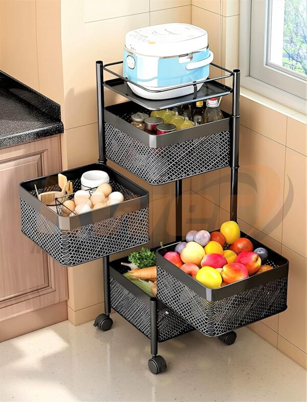 KWER Metal Kitchen Trolley Square Onion Baskets for Storage,Kitchen Accessories Items&Vegetable Basket for Kitchen Organizer Items&Storage Portable Kitchen Accessories with Wheels(Black,Layer-3)