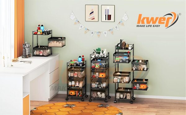 KWER Metal Kitchen Trolley Square Onion Baskets for Storage,Kitchen Accessories Items&Vegetable Basket for Kitchen Organizer Items&Storage Portable Kitchen Accessories with Wheels(Black,Layer-3)