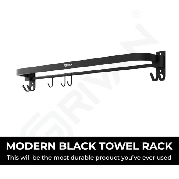 GRIVAN Stylish Stainless Steel 24 Inch Foldable Towel Rod/Shelf/Stand for Bathroom, Towel Holder with Hooks and Hanger (Black Matte Finish)