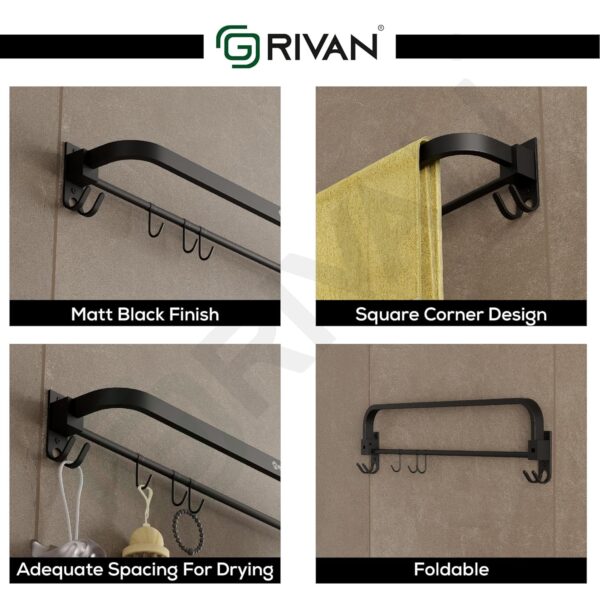 GRIVAN Stylish Stainless Steel 24 Inch Foldable Towel Rod/Shelf/Stand for Bathroom, Towel Holder with Hooks and Hanger (Black Matte Finish)