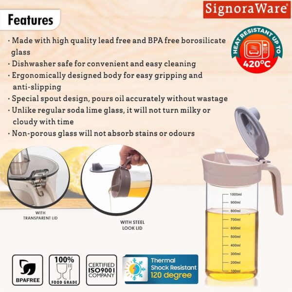 Signoraware Glass Oil dispenser and Pourer Borosilicate Glass, 1000 ml, Clear, Set of 1