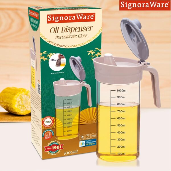 Signoraware Glass Oil dispenser and Pourer Borosilicate Glass, 1000 ml, Clear, Set of 1