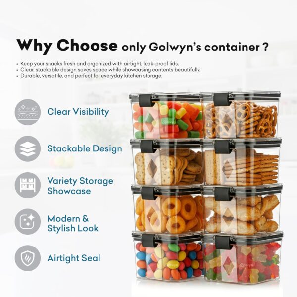 GOLWYN Kitchen Storage Container Set, Clear Plastic, 500 ml, Airtight Seal, Stackable Design, Set of 8
