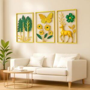 BrovionArt™ Metal Wall Decoration item for Living Room, Bedroom, Hallway, Kitchen & More (Deer - Royal Gold & Green)