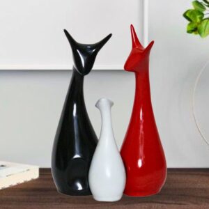 Home Decoration Lucky Deer Family Set | Piano Finish Ceramic Figures - (Set of 3, Black, White & Red - Deer Family)
