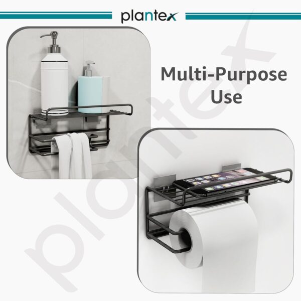 Plantex GI Steel Self Adhesive Toilet Paper Holder/Tissue Paper Roll Holder with Mobile Stand/Towel Bar Hanger Storage Rack/Bathroom Accessories(Black)