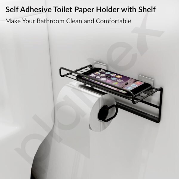 Plantex GI Steel Self Adhesive Toilet Paper Holder/Tissue Paper Roll Holder with Mobile Stand/Towel Bar Hanger Storage Rack/Bathroom Accessories(Black)