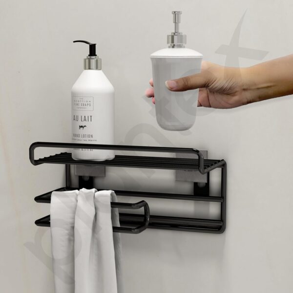 Plantex GI Steel Self Adhesive Toilet Paper Holder/Tissue Paper Roll Holder with Mobile Stand/Towel Bar Hanger Storage Rack/Bathroom Accessories(Black)