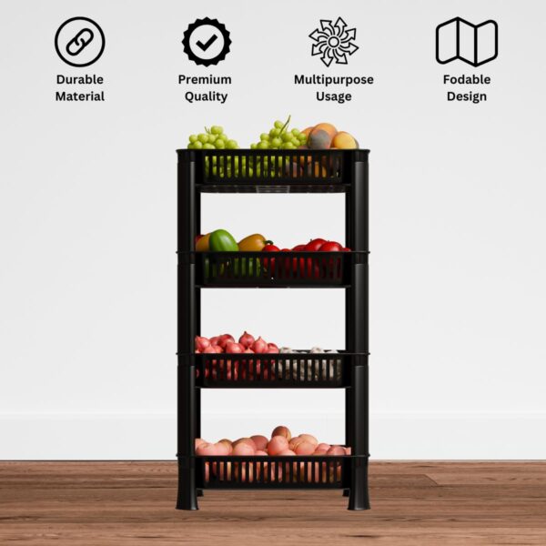 Multipurpose Plastic Kitchen Rack with Baskets | Vegetable & Fruit Storage Stand | Strong & Durable Organizer for Kitchen, Bathroom & Utility (4 Layer, Black)