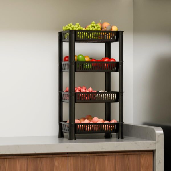 Multipurpose Plastic Kitchen Rack with Baskets | Vegetable & Fruit Storage Stand | Strong & Durable Organizer for Kitchen, Bathroom & Utility (4 Layer, Black)