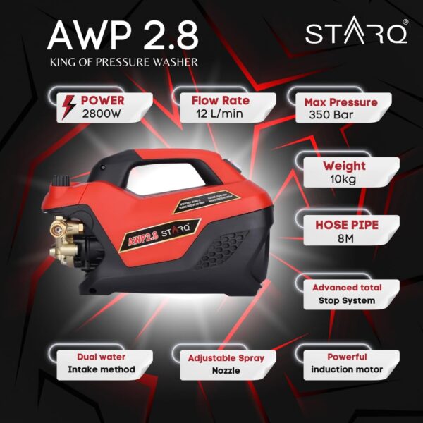 STARQ AWP 2.8 High Pressure Washer 2800W, 350 Bar, 12L/Min Flow, 8M Hose Pipe, Portable Car, Bike & Home Cleaner with Pressure Control Knob