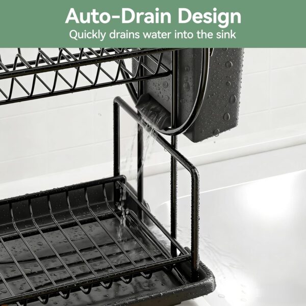2 Tier Black Dish Drainer Rack with Drip Tray, Stainless Steel Draining Dish Rack drainer with Draining Board and Utensils Holder, Dish Drying Rack Kitchen Drainer for Small Kitchen Countertop