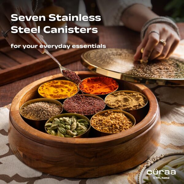 CÜRAA Spice Box for Kitchen with Spoon (Acacia Wood, 7 Detachable containers, 120 ML) | Masala box for Kitchen | Spice Storage Container | Stylish Masala Dani for gift
