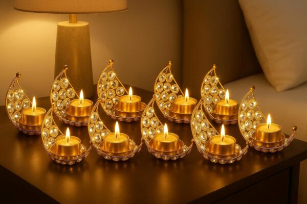 Moon Tea Light Holder, Candle Holder, Crystal Candle Holder, Metal Lanterns, Table Decoration for Wedding Party, Ramadan, Diwali Decoration (Gold, Gold (Pack of 6))