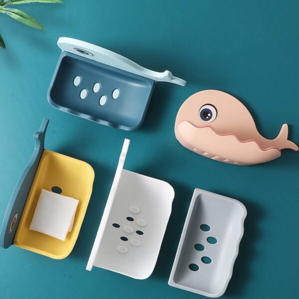 Shivstor Fish Shape Soap Holder for Bathroom Wall Cute Cartoon Adhesive Soap Dish with Drain Plastic Soap Box for Sink Shower Wash Basin Kitchen Wall Mounted Soap Organizer (1 Pcs)