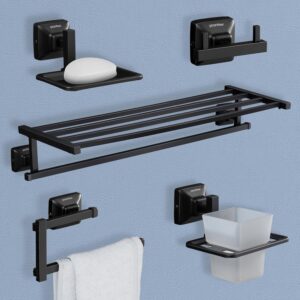 Plantex 304 Grade Stainless Steel Bathroom Accessories Set of 5 - Towel Stand/Napking Holder/Soap Holder/Toothbrush Stand/Robe Hanger - Squaro (Black)