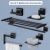 Plantex 304 Grade Stainless Steel Bathroom Accessories Set of 5 - Towel Stand/Napking Holder/Soap Holder/Toothbrush Stand/Robe Hanger - Squaro (Black)