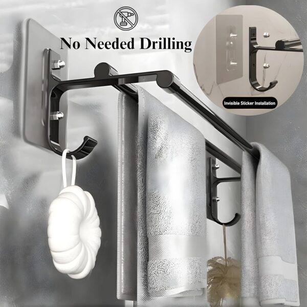 Self-Adhesive Wall Mounted Aluminium Double Rod Towel Bar with Hook Bathroom Towel Holder/Bathroom Accessories (50CM)(Black, Pack of 1)