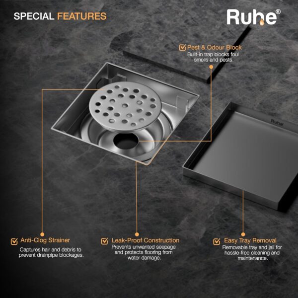Ruhe® Square Tile Insert Floor Drain | 304 Stainless Steel | Invisible Shower Drain Channel | 5 x 5 Inches | Waste Water Floor Drain for 13mm Tile | Drainer Channel | Anti Cockroach Trap | Silver