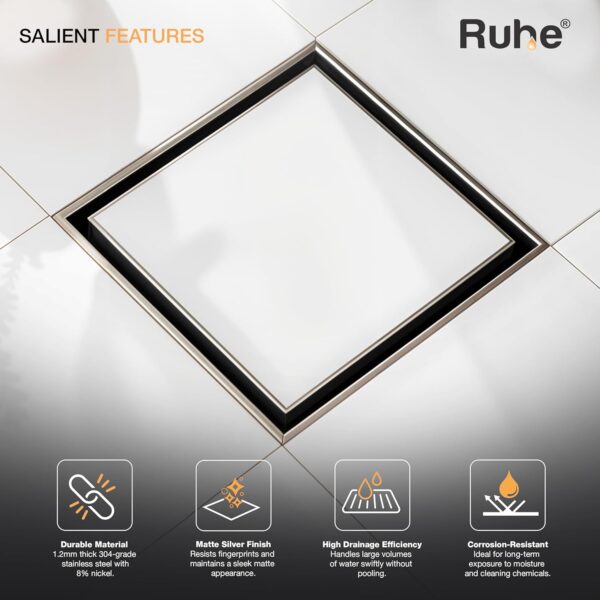 Ruhe® Square Tile Insert Floor Drain | 304 Stainless Steel | Invisible Shower Drain Channel | 5 x 5 Inches | Waste Water Floor Drain for 13mm Tile | Drainer Channel | Anti Cockroach Trap | Silver