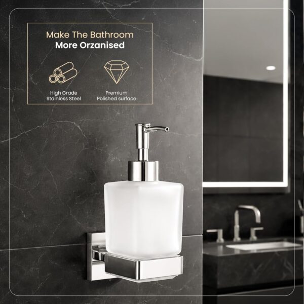 1774182514_Wall-Mounted-Liquid-Soap-Dispenser-SS304-Stainless-Steel-Bathroom-Soap-Holder-with-Frosted-Glass-Bottle-Chrome-Finish-Modern-Bathroom-Accessory.jpg Wall Mounted Liquid Soap Dispenser, SS304 Stainless Steel Bathroom Soap Holder with Frosted Glass Bottle, Chrome Finish Modern Bathroom Accessory