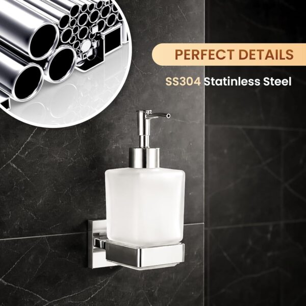 1774182515_Wall-Mounted-Liquid-Soap-Dispenser-SS304-Stainless-Steel-Bathroom-Soap-Holder-with-Frosted-Glass-Bottle-Chrome-Finish-Modern-Bathroom-Accessory.jpg Wall Mounted Liquid Soap Dispenser, SS304 Stainless Steel Bathroom Soap Holder with Frosted Glass Bottle, Chrome Finish Modern Bathroom Accessory