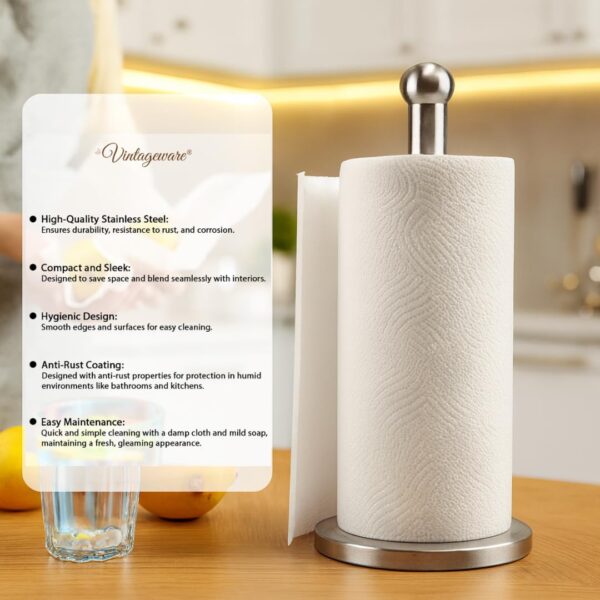 Vintageware® Premium Stainless Steel Kitchen Tissue Roll Holder, Weighted Anti-Slip Base, Free-Standing Paper Towel Dispenser for Kitchen, Bathroom & Home, Pack of 1