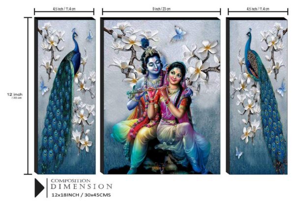 SAF Set of 3 Radha Krishna with Couple Peacock UV Textured Home Decorative Item Self Adhesive Painting 18 Inch X 12 Inch SANFJM31078- Multi Color