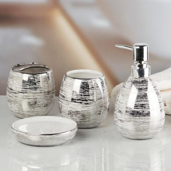Kookee Ceramic Bathroom Set – Stylish 4 Piece Bath Accessories Kit with Soap Dispenser, Toothbrush Holder, Tumbler & Soap Dish – Modern & Designer Decor for Home & Guest Bathrooms, Silver (9751)