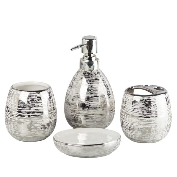 Kookee Ceramic Bathroom Set – Stylish 4 Piece Bath Accessories Kit with Soap Dispenser, Toothbrush Holder, Tumbler & Soap Dish – Modern & Designer Decor for Home & Guest Bathrooms, Silver (9751)