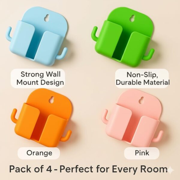 Wall Mount Mobile Phone Holder with Charging Slot & Side Hooks | Self Adhesive Phone Charging Stand & Storage Organizer for Bedroom, Kitchen, Bathroom, Office| Pack of 4