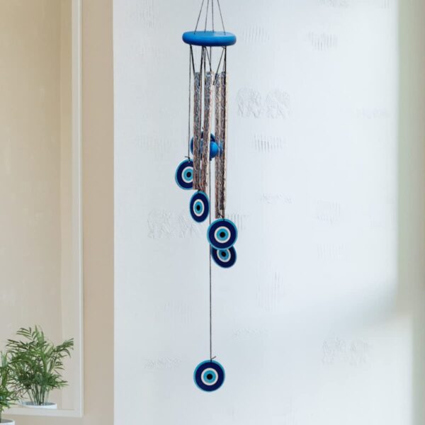 Evil Eye Wind Chimes for Home 27 Inch | Silver Metal Pipe Wind Chime with Evil Eye Protection | Feng Shui Wind Chimes for Balcony, Bedroom & Home Décor