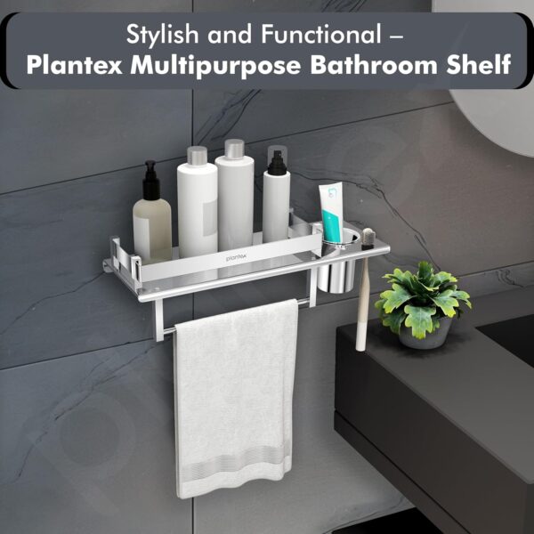 Plantex Stainless Steel Bathroom Shelf/Multipurpose Bathroom Shelf for Wall/Attached Tumbler and Napkin Holder for WashBasin(15 Inches)